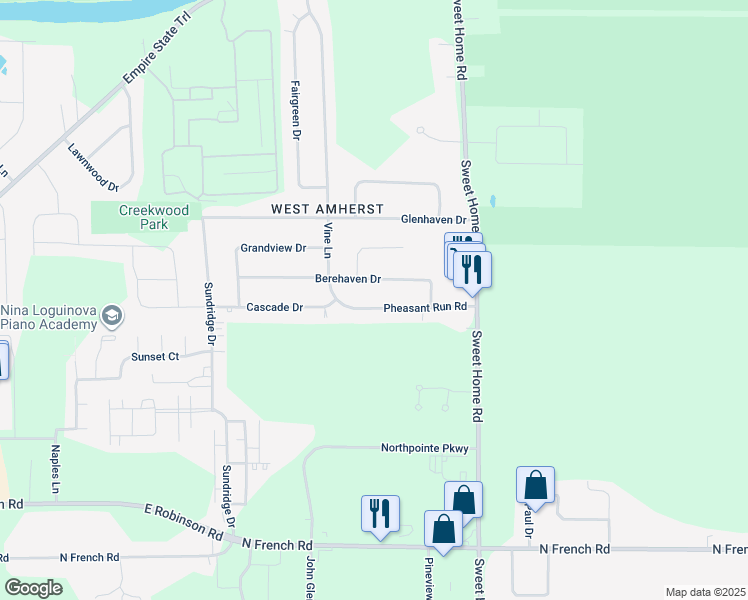 map of restaurants, bars, coffee shops, grocery stores, and more near 106 Pheasant Run Road in Buffalo