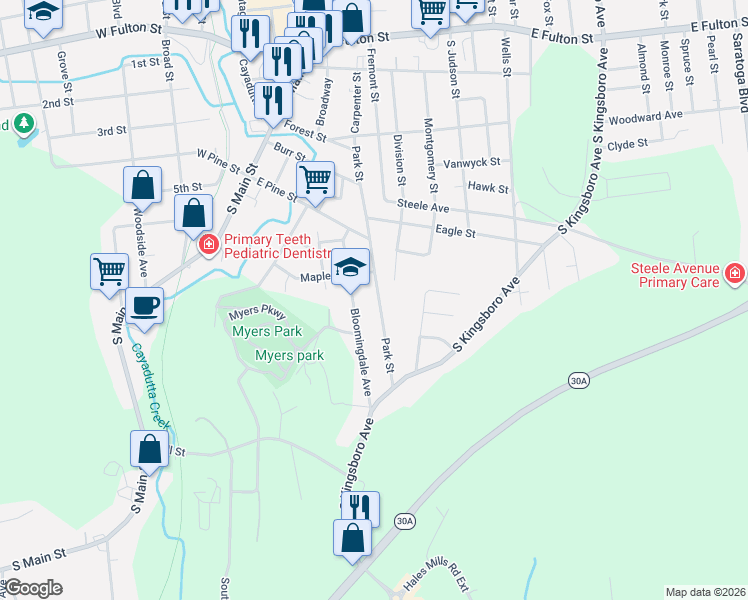 map of restaurants, bars, coffee shops, grocery stores, and more near 74 Park Street in Gloversville