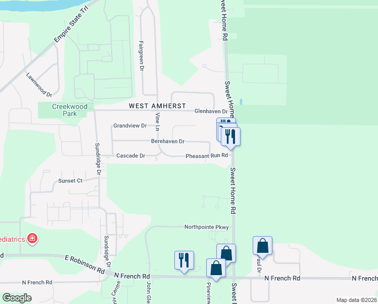map of restaurants, bars, coffee shops, grocery stores, and more near 106 Pheasant Run Road in Buffalo
