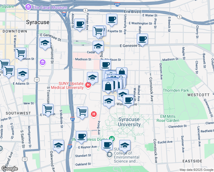 map of restaurants, bars, coffee shops, grocery stores, and more near 700 South Crouse Avenue in Syracuse