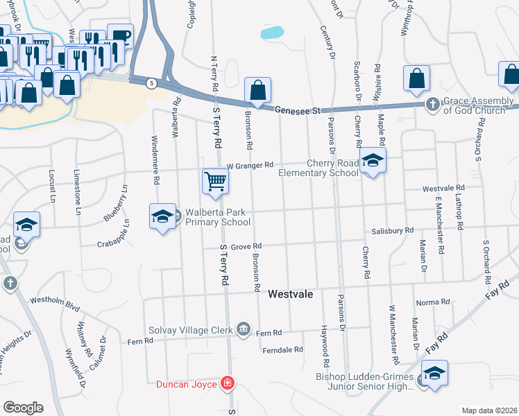 map of restaurants, bars, coffee shops, grocery stores, and more near 229 Bronson Road in Syracuse