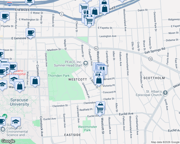 map of restaurants, bars, coffee shops, grocery stores, and more near 553 Columbus Avenue in Syracuse