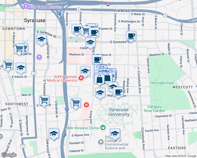 map of restaurants, bars, coffee shops, grocery stores, and more near 700 South Crouse Avenue in Syracuse