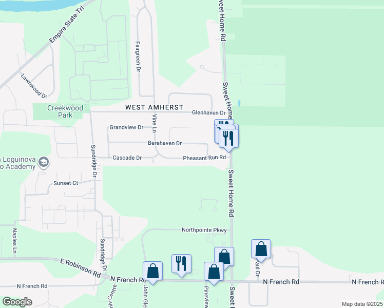 map of restaurants, bars, coffee shops, grocery stores, and more near 64 Pheasant Run Road in Buffalo