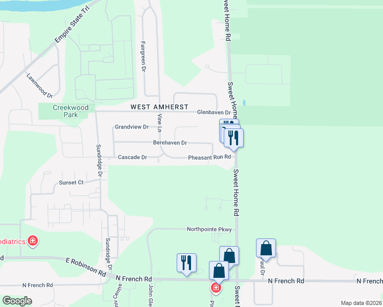 map of restaurants, bars, coffee shops, grocery stores, and more near 106 Pheasant Run Road in Buffalo