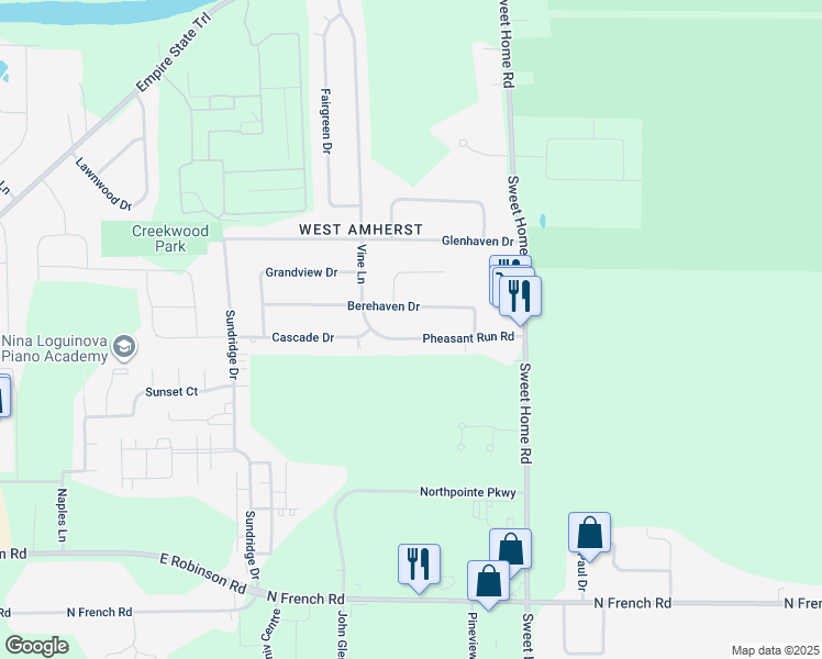 map of restaurants, bars, coffee shops, grocery stores, and more near 106 Pheasant Run Road in Buffalo