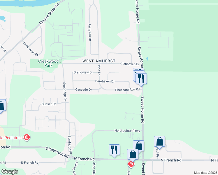 map of restaurants, bars, coffee shops, grocery stores, and more near 106 Pheasant Run Road in Buffalo