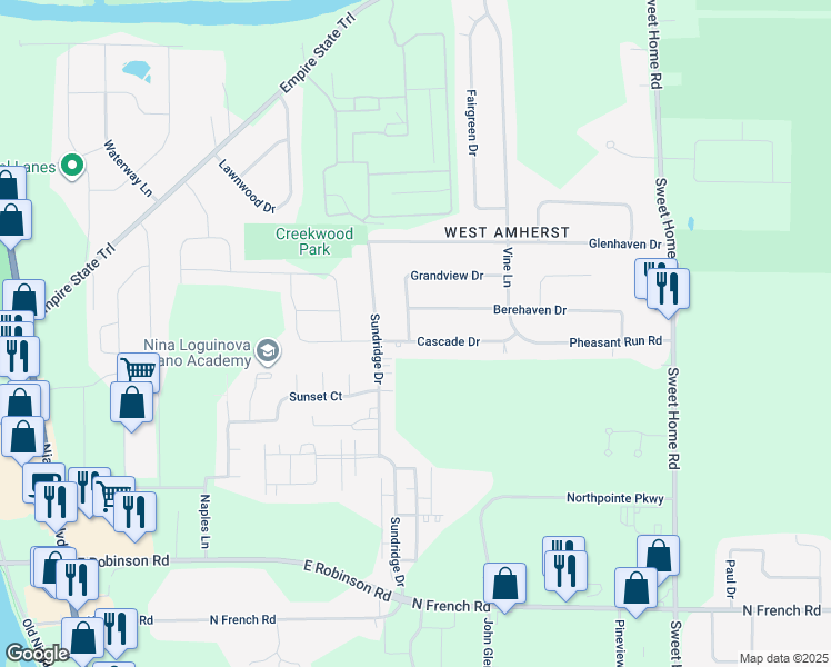 map of restaurants, bars, coffee shops, grocery stores, and more near 110 Cascade Drive in Buffalo