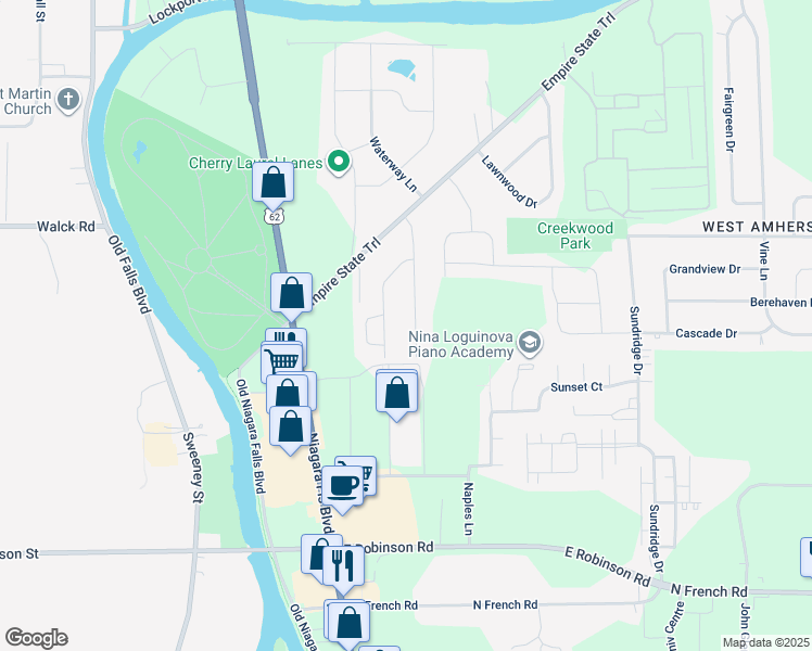 map of restaurants, bars, coffee shops, grocery stores, and more near 78 West Summerset Lane in Buffalo