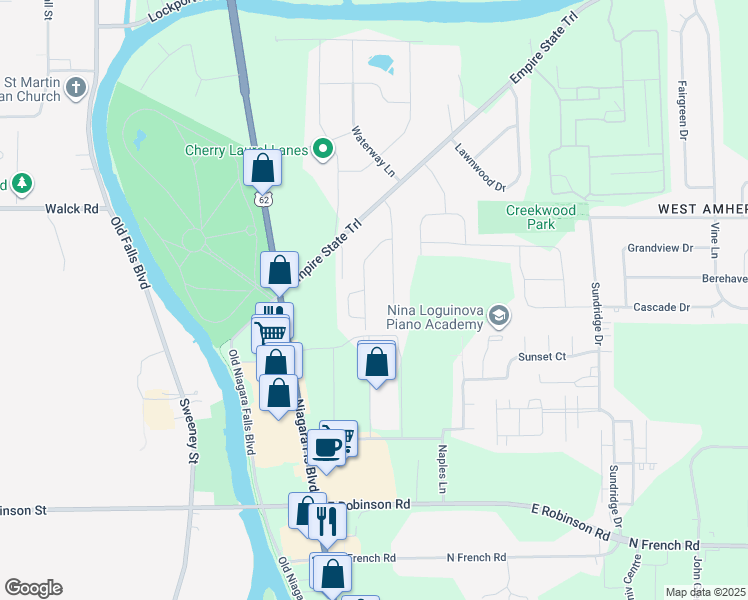map of restaurants, bars, coffee shops, grocery stores, and more near 78 West Summerset Lane in Buffalo
