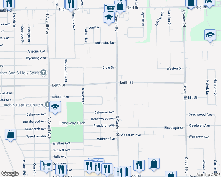 map of restaurants, bars, coffee shops, grocery stores, and more near 3011 Center Road in Flint
