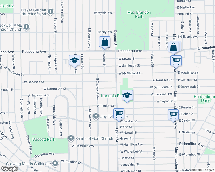 map of restaurants, bars, coffee shops, grocery stores, and more near 802 West Dartmouth Street in Flint
