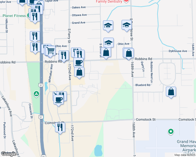 map of restaurants, bars, coffee shops, grocery stores, and more near 16976 Lakeshore Flats Drive in Grand Haven