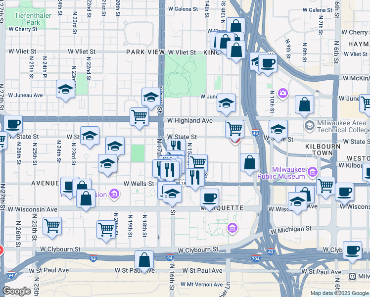 map of restaurants, bars, coffee shops, grocery stores, and more near 936 North 15th Street in Milwaukee