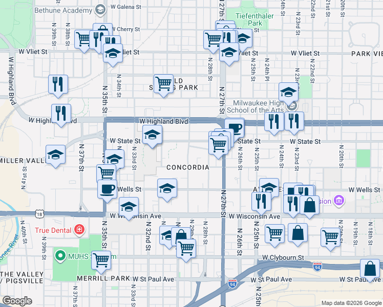 map of restaurants, bars, coffee shops, grocery stores, and more near 941 North 29th Street in Milwaukee