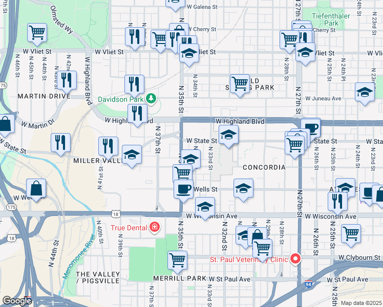 map of restaurants, bars, coffee shops, grocery stores, and more near 932 North 35th Street in Milwaukee