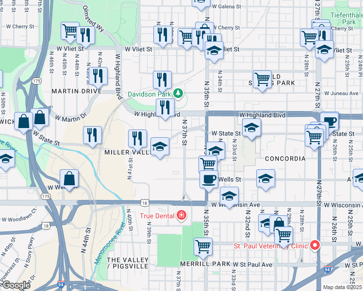 map of restaurants, bars, coffee shops, grocery stores, and more near 937 North 37th Street in Milwaukee