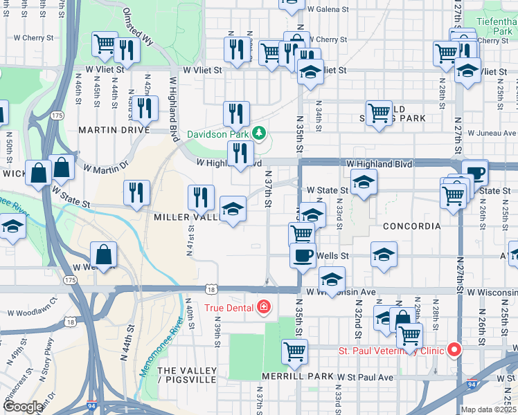 map of restaurants, bars, coffee shops, grocery stores, and more near 937 North 37th Street in Milwaukee