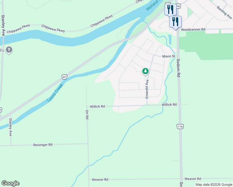 map of restaurants, bars, coffee shops, grocery stores, and more near 9361 Tallgrass Avenue in Niagara Falls