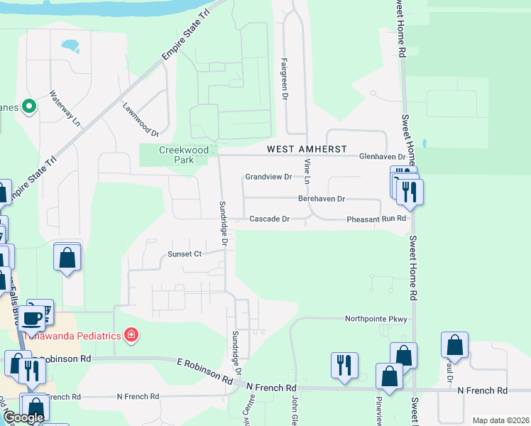 map of restaurants, bars, coffee shops, grocery stores, and more near 68 Cascade Drive in Buffalo