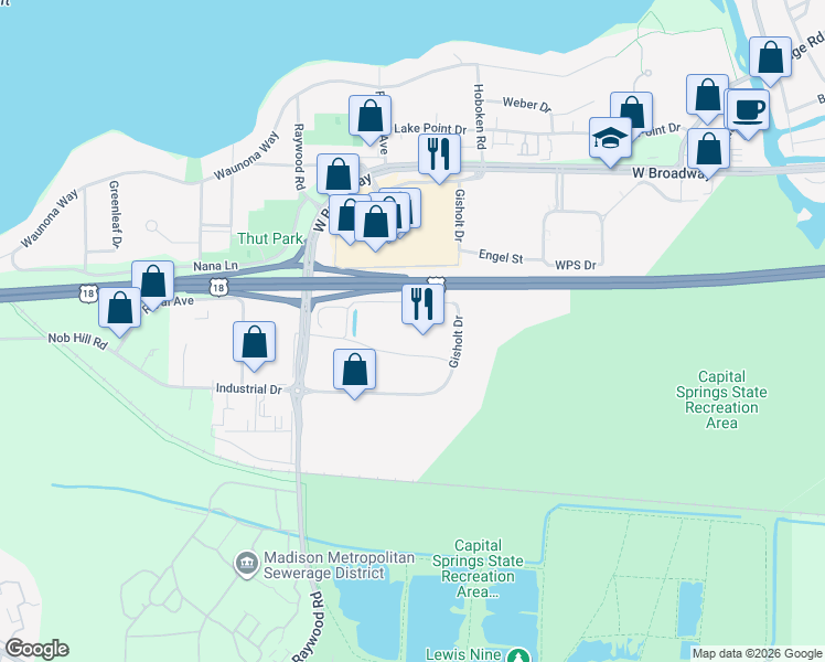map of restaurants, bars, coffee shops, grocery stores, and more near 2151 Royal Avenue in Monona