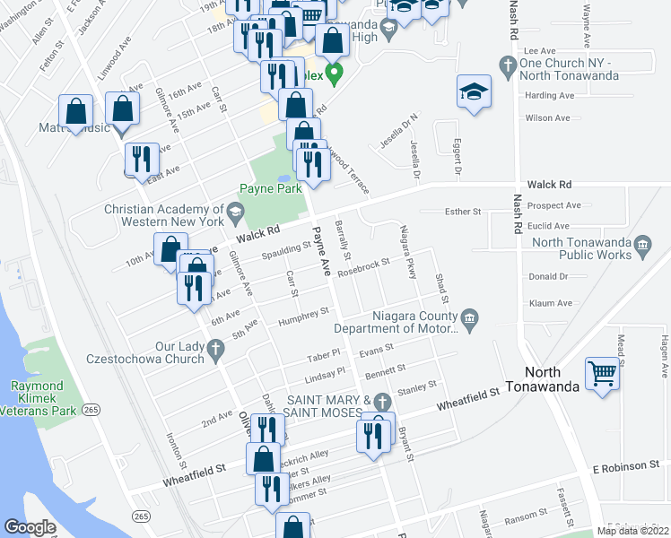 map of restaurants, bars, coffee shops, grocery stores, and more near 703 Payne Avenue in North Tonawanda