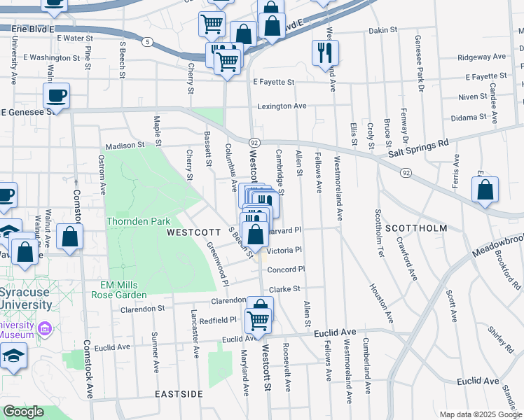 map of restaurants, bars, coffee shops, grocery stores, and more near 453 Westcott Street in Syracuse