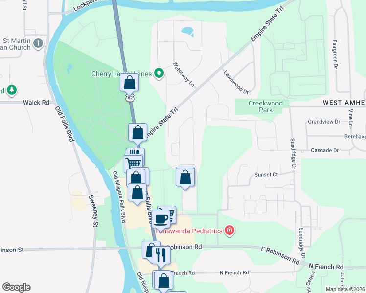 map of restaurants, bars, coffee shops, grocery stores, and more near 78 West Summerset Lane in Buffalo