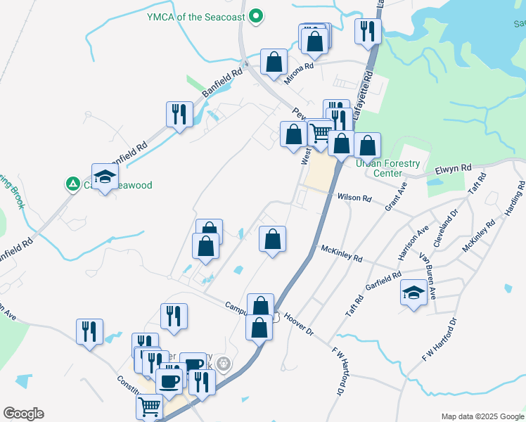 map of restaurants, bars, coffee shops, grocery stores, and more near West Road Portsmouth in Portsmouth