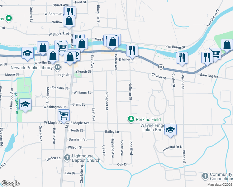 map of restaurants, bars, coffee shops, grocery stores, and more near 505 Colton Avenue in Newark