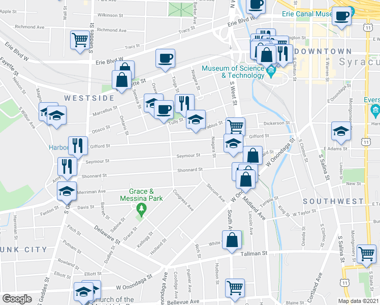 map of restaurants, bars, coffee shops, grocery stores, and more near 340 Seymour Street in Syracuse