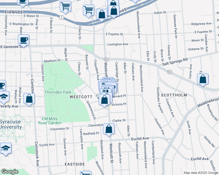 map of restaurants, bars, coffee shops, grocery stores, and more near 453 Westcott Street in Syracuse
