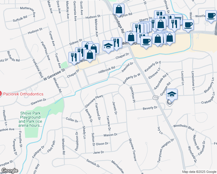 map of restaurants, bars, coffee shops, grocery stores, and more near 213 Kimberly Drive West in Syracuse