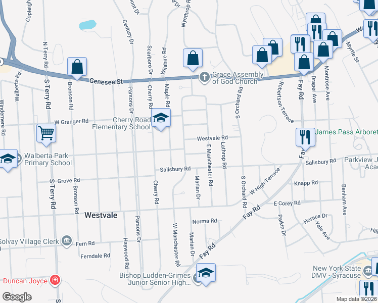 map of restaurants, bars, coffee shops, grocery stores, and more near 128 Clover Road in Syracuse