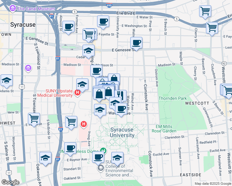 map of restaurants, bars, coffee shops, grocery stores, and more near in Syracuse
