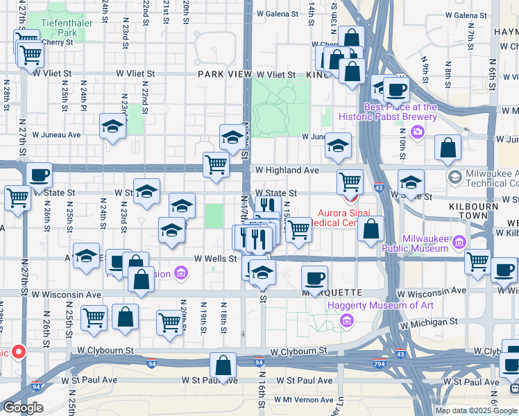 map of restaurants, bars, coffee shops, grocery stores, and more near 939 North 16th Street in Milwaukee