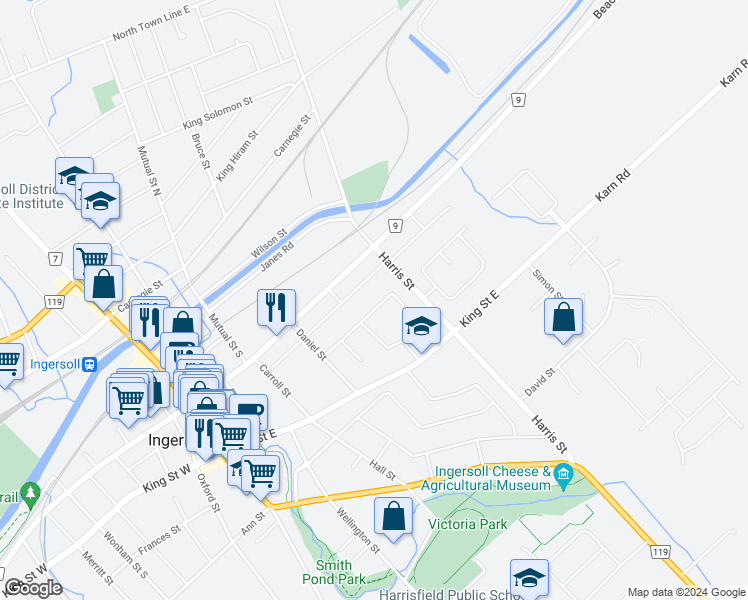 map of restaurants, bars, coffee shops, grocery stores, and more near 32 Mason Drive in Ingersoll