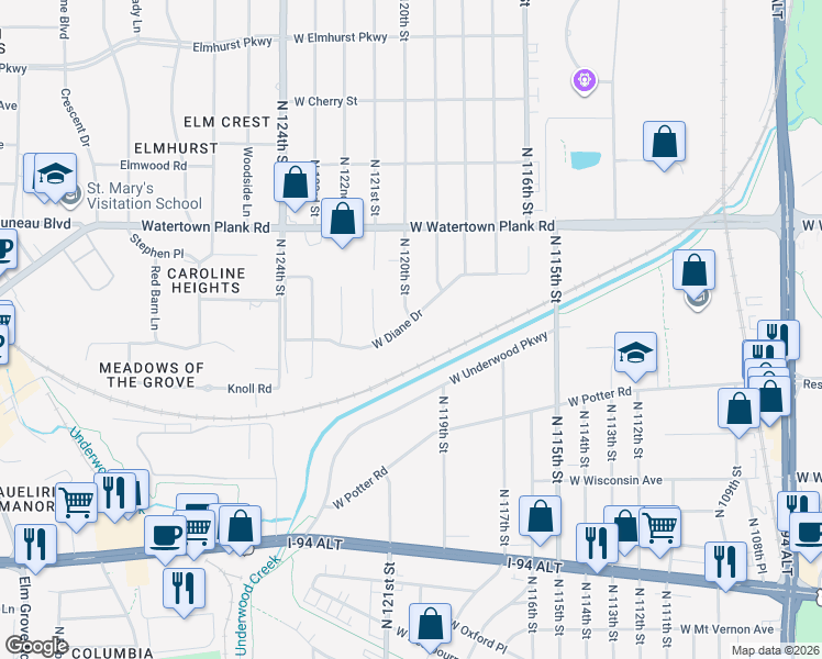 map of restaurants, bars, coffee shops, grocery stores, and more near 12007 West Diane Drive in Wauwatosa