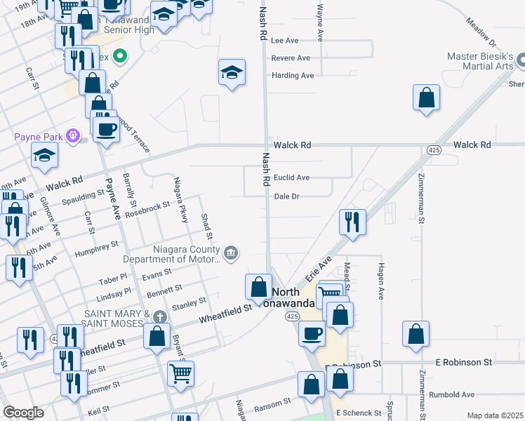 map of restaurants, bars, coffee shops, grocery stores, and more near 722 Nash Road in North Tonawanda