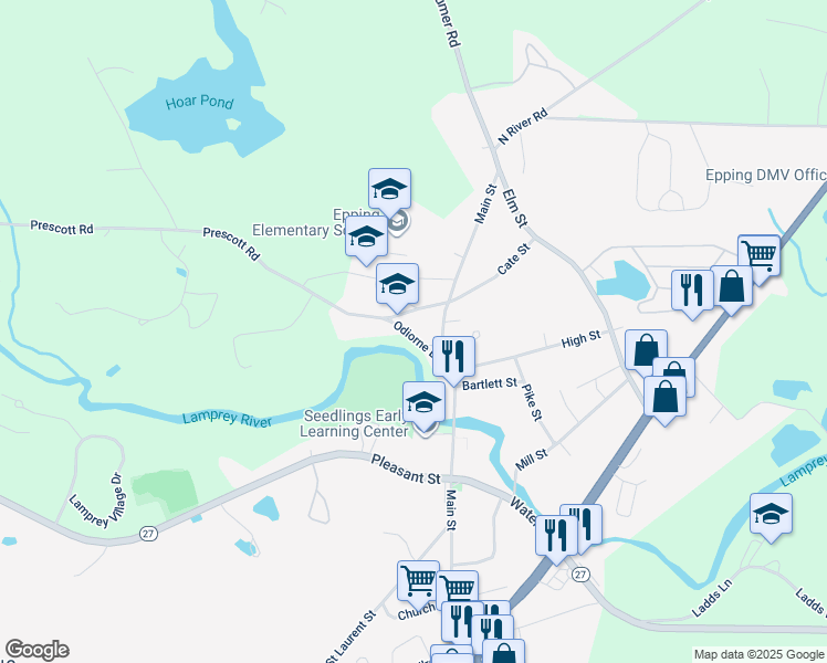 map of restaurants, bars, coffee shops, grocery stores, and more near 23 Odiorne Lane in Epping