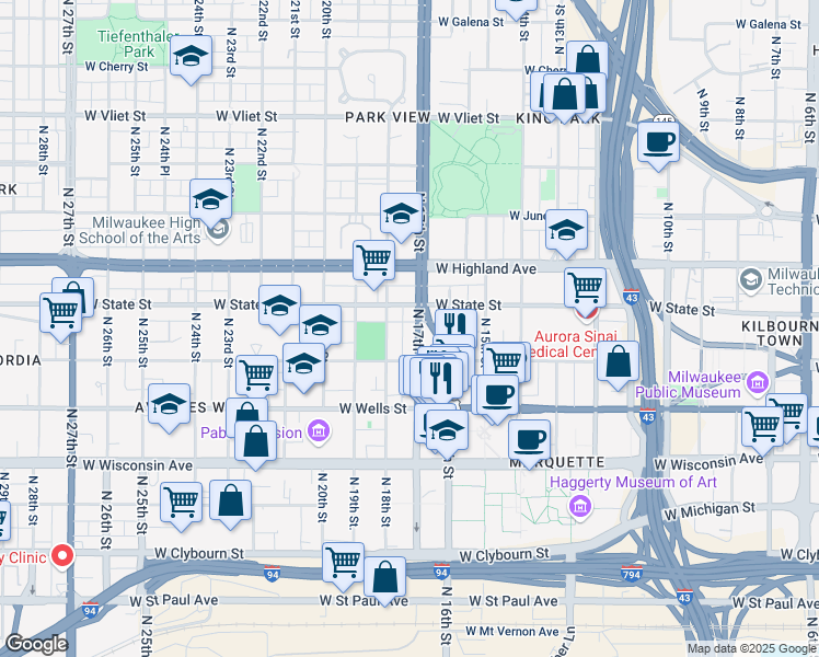 map of restaurants, bars, coffee shops, grocery stores, and more near 939 North 17th Street in Milwaukee