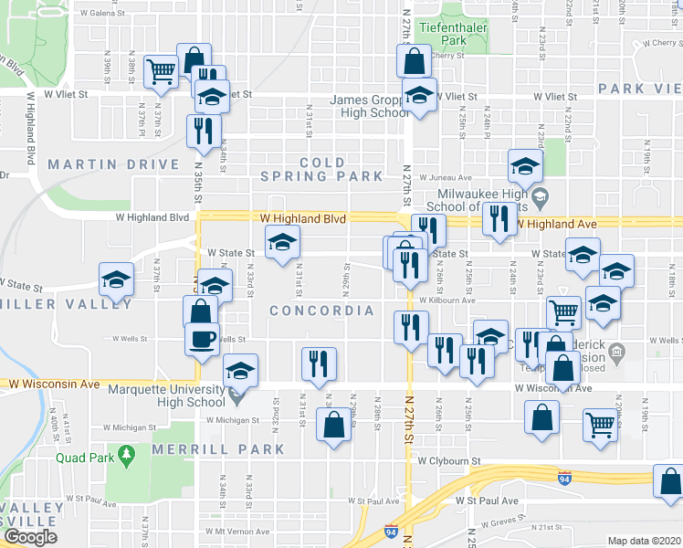 map of restaurants, bars, coffee shops, grocery stores, and more near 941 North 29th Street in Milwaukee
