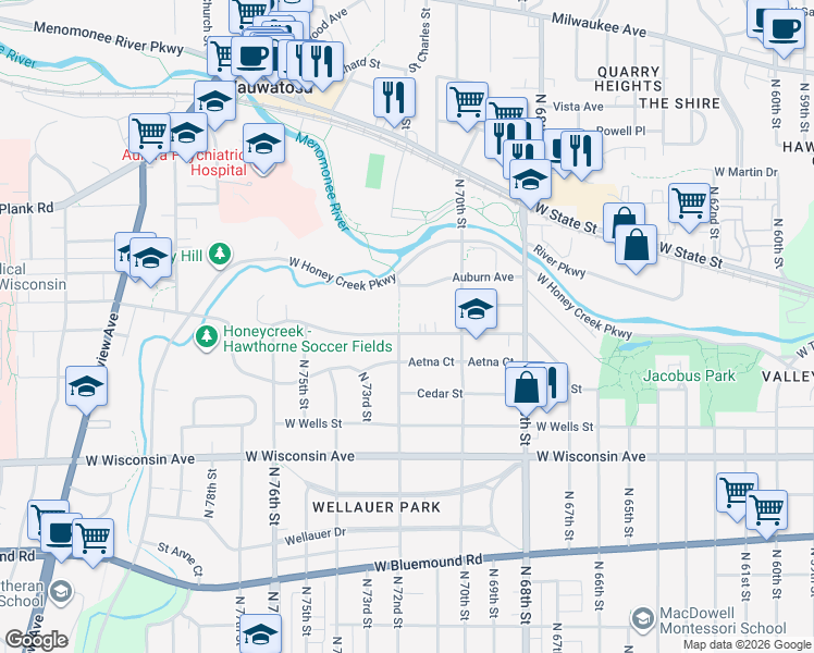 map of restaurants, bars, coffee shops, grocery stores, and more near 7126 Maple Terrace in Wauwatosa