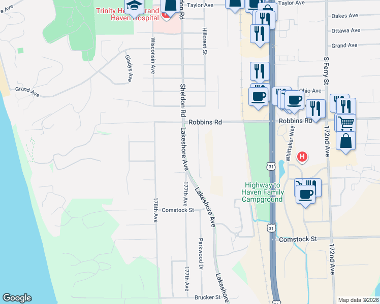 map of restaurants, bars, coffee shops, grocery stores, and more near 15128 Lakeshore Avenue in Grand Haven