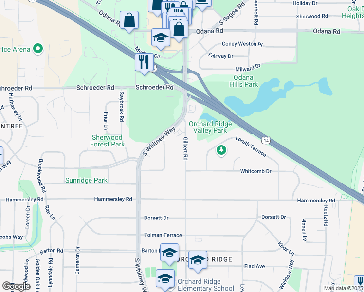 map of restaurants, bars, coffee shops, grocery stores, and more near 1102 Gilbert Road in Madison