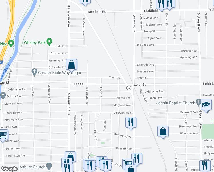 map of restaurants, bars, coffee shops, grocery stores, and more near 2418 Leith Street in Flint