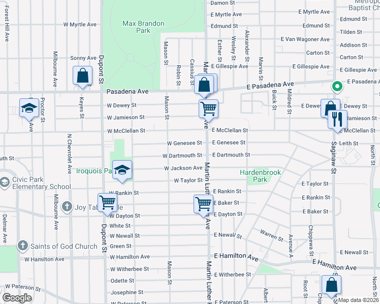 map of restaurants, bars, coffee shops, grocery stores, and more near 128 West Dartmouth Street in Flint