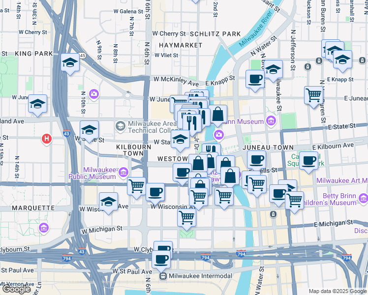 map of restaurants, bars, coffee shops, grocery stores, and more near in Milwaukee