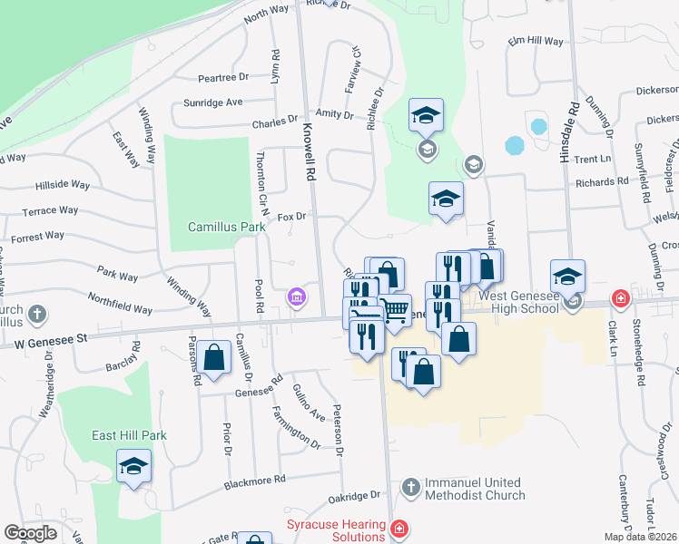 map of restaurants, bars, coffee shops, grocery stores, and more near 9 Richlee Drive in Camillus