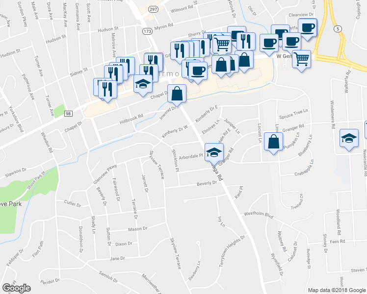 map of restaurants, bars, coffee shops, grocery stores, and more near 111 Glenview Parkway in Syracuse